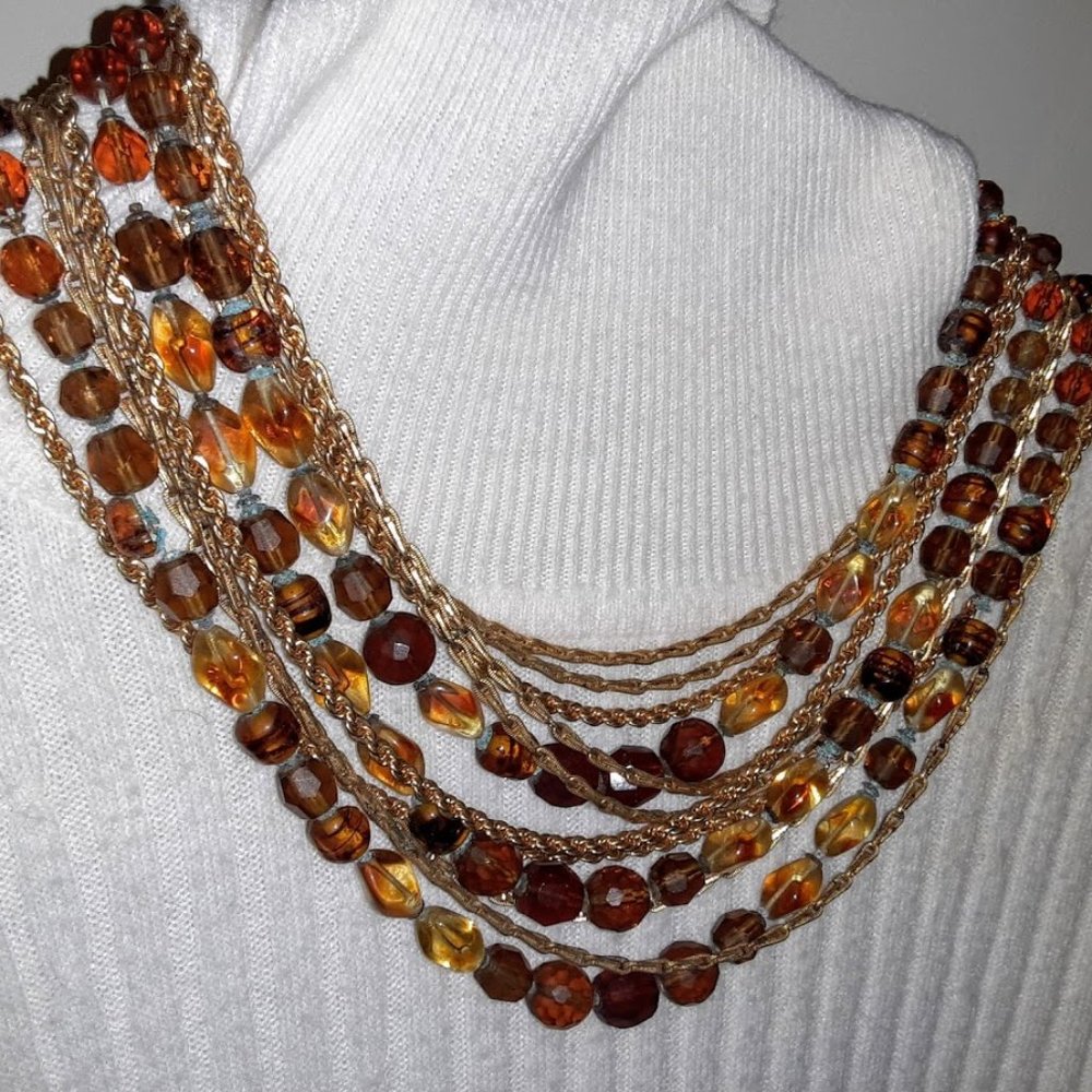 VINTAGE 50'S BROWN CRYSTAL/GOLD NECKLACE - COSTUME